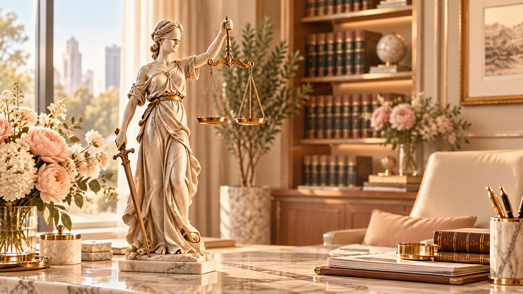Imagen elegante de la diosa de la justicia en un despacho jurídico cálido y profesional.